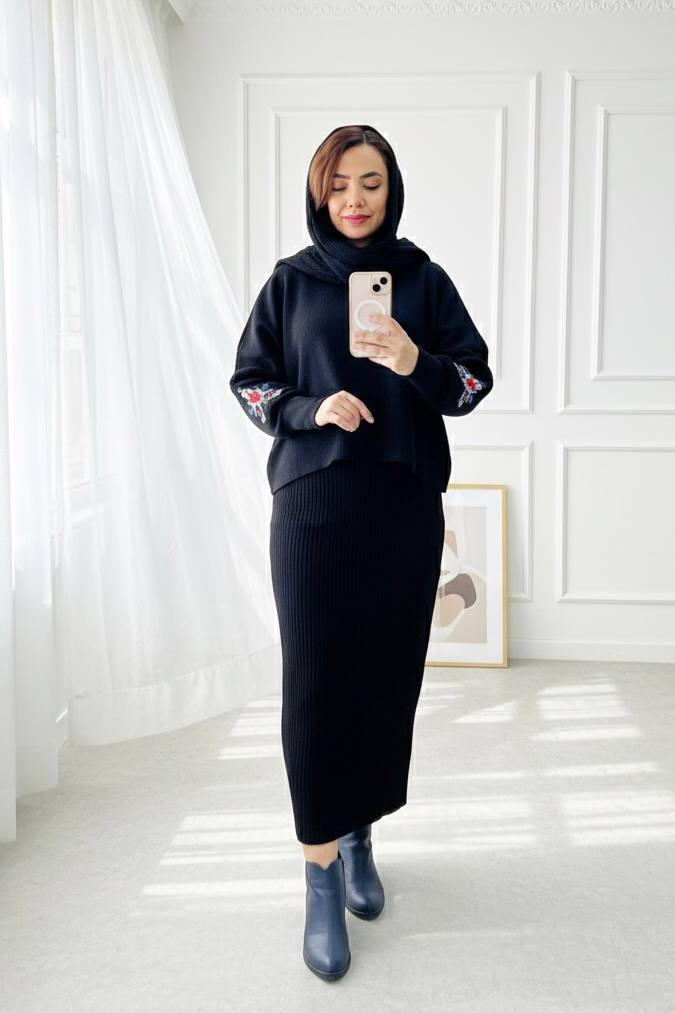 ست کراپ و سارافون بافت مدل سر آستین گلدوزی کد ۱۰۴