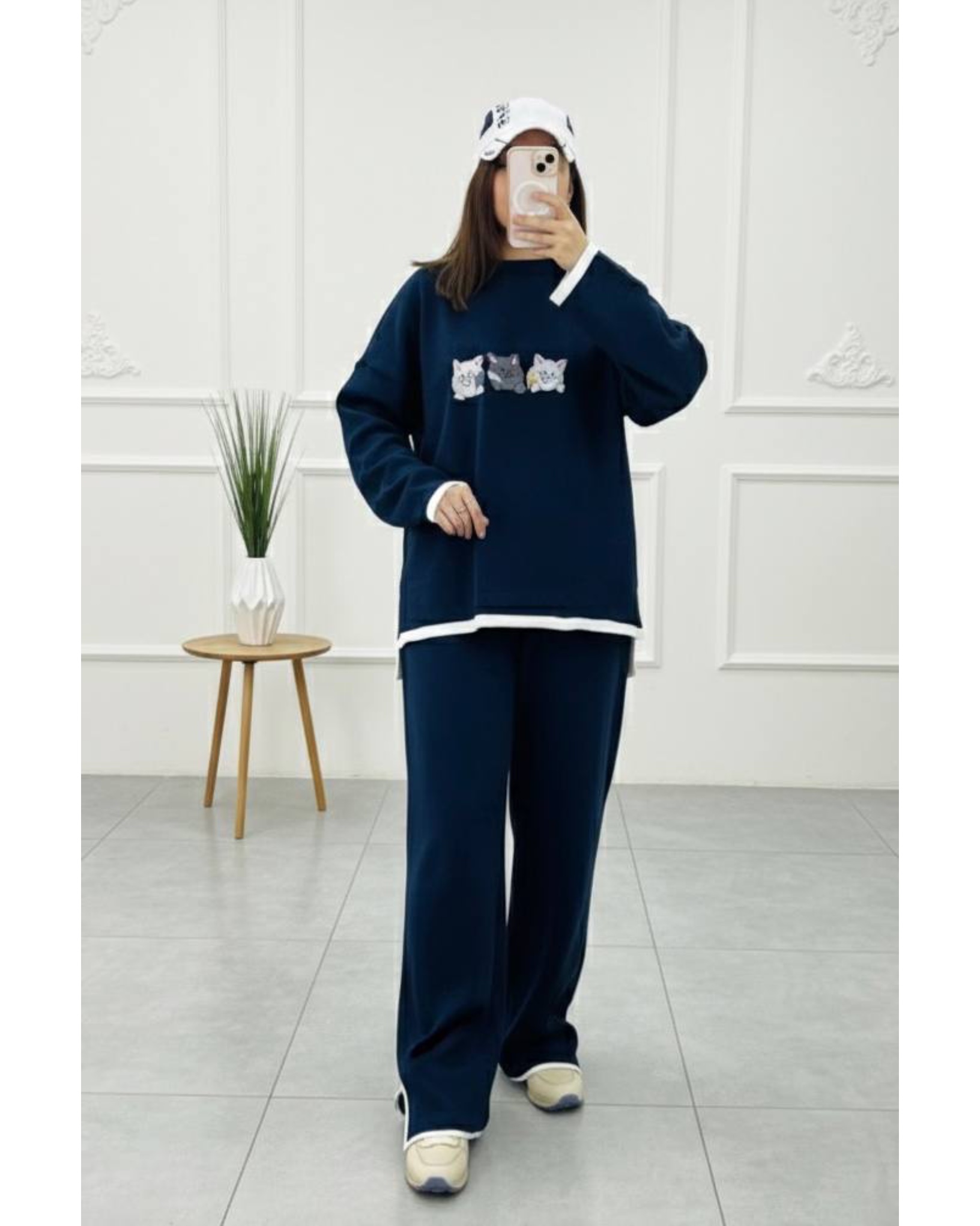 ست بلوز و شلوار بافت مدل گلدوزی گربه کد ۱۲۲