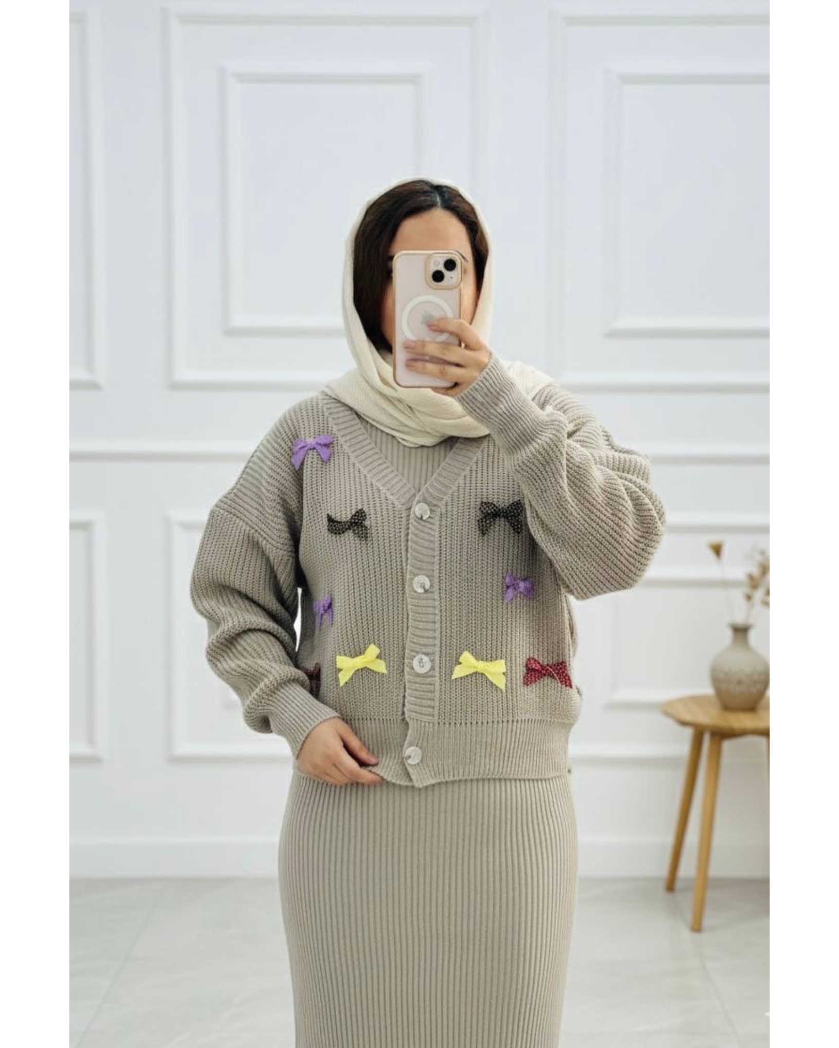 ست کاردیگن و سارافون بافت مدل پاپیون دار کد ۱۱۸